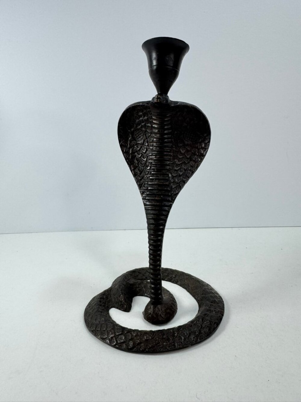 Brass Cobra Dark Patina Single Candle Holder 8" tall